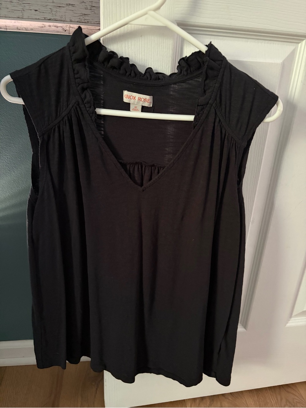 Knox Rose Black Ruffle-Trim Sleeveless V-Neck Tank